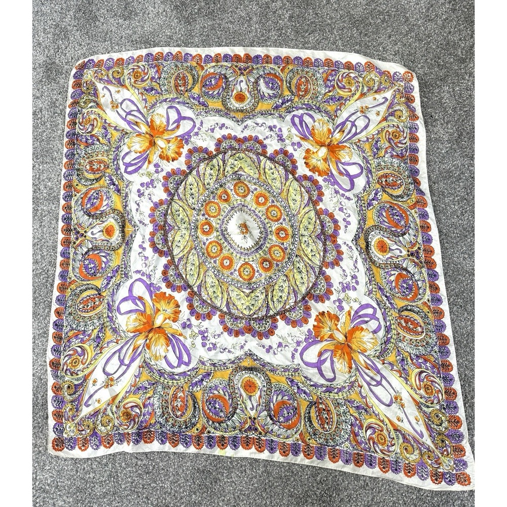 Vintage Silk Scarf Floral Daffodil Retro 32x35 Flaws Handkerchief Orange Purple
